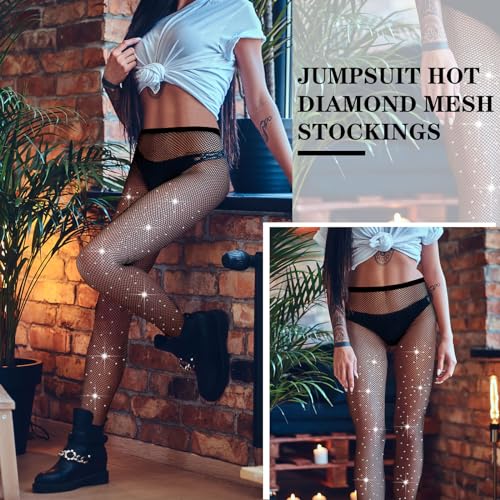 Image of Fourluoo 3 Pcs Rhinestone Fishnet Tights High Waist Rhinestone Stockings Leggings for Women Dress Black Mesh Sparkly Pantyhose