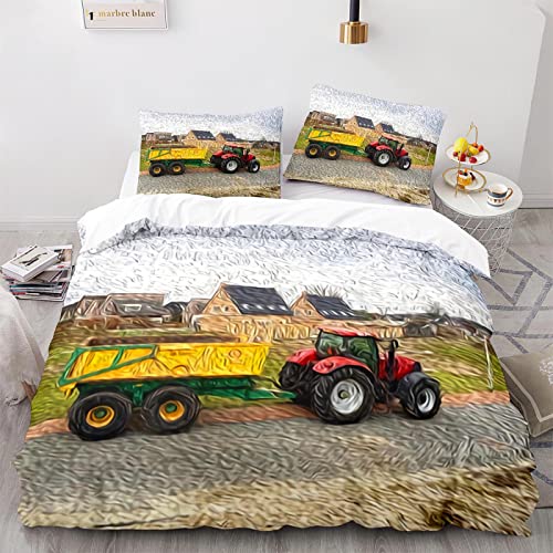 RFFLUX Housse de Couette Tracteur 140x200 cm 1 Personne 3 Pièces Ultra Doux 3D Cartoon Auto Parure de Lit en Microfibre avec Fermeture éclair Enfant GarçOn Fille avec 2 Taies d'Oreillers 50x75 cm Cover