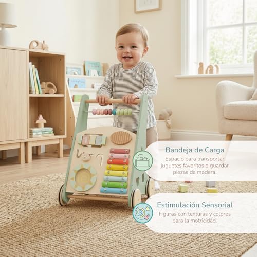 Miniatura 2 de Buddy Baby - Andador De Madera Montessori - Desde 12 Meses - Panel Interactivo Xilófono, Puzzle, Espejo, Engranajes - Cajón Trasero - Ruedas Goma Antideslizantes - No Daña El Suelo