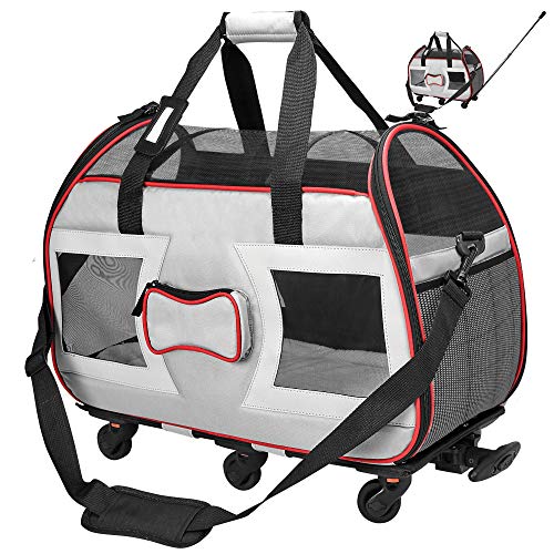 Katziela Airline Approved Removable Wheeled Pet Carrier for Small Pets. Upgraded Structural Design for Ultimate Strength Mesh Panels & Plush Mat. Compact and Durable 19 x22 x11  (Grey Bone Cruiser)