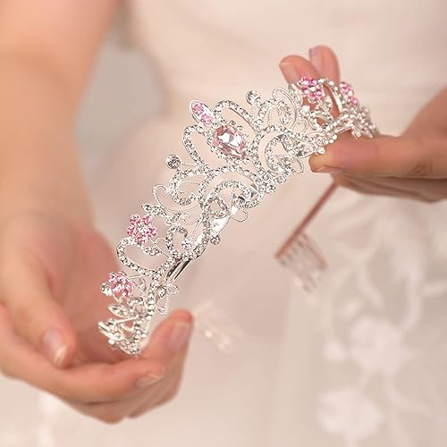 Miniatura 3 de JWICOS Tiara y corona de diamantes de imitación plateados para mujer, elegante corona de cristal rosa con peines, corona de cumpleaños de princesa