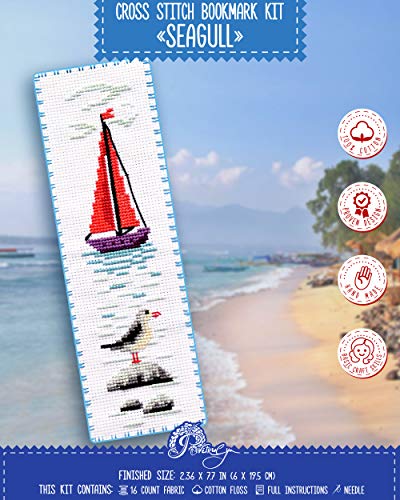 Povitrulya Seagull Cross Stitch Bookmark - Seaside Beach Embroidery Set with Paper Pattern, 16 Count Aida Cloth and Pre-Sorted Floss