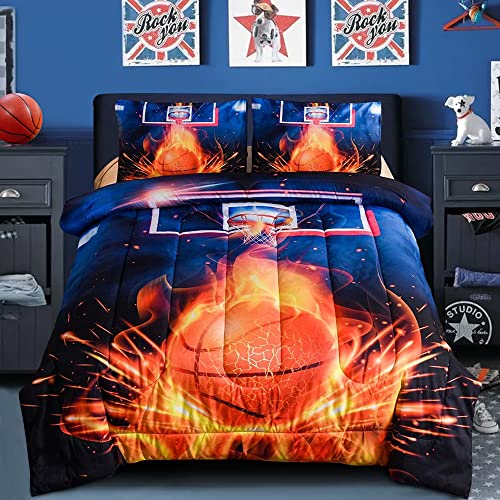 Btargot Basketball Fire Court Comforter Sets Full for Boys Teens, Ball Sports Games Print, Basketball Hoop Bedding Home Decor