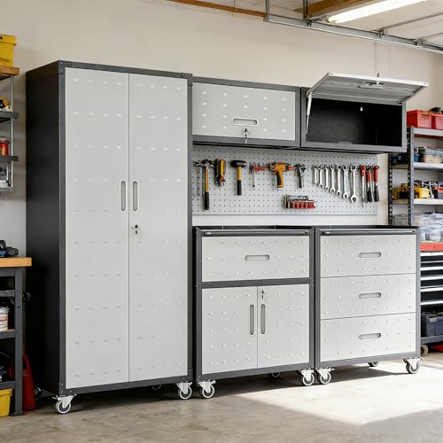 Image of Garage Cabinet System | Heavy Duty Steel All-in-One Modular Garage Cabinet Set for Ultimate Workshop Organization | Easy Assembly Garage Storage Cabinets & Tool Bench