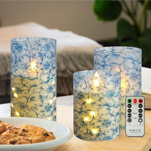 Image of Blue Floral Flameless LED Pillar Candles with String Lights, 3pcs Battery Operated Flickering Candles with Remote Timer, Decorative Flower Printed Candles for Wedding Home Decor Romantic Ambiance