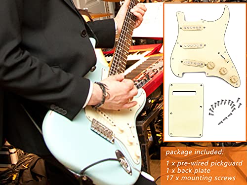 Lamsam Prewired 6 String Electric Guitar Pickguard Loaded Modern Tone Single Coil Pickups, Pick Guards Wired Alnico 5 Sss Pickup Set Volume Tone Pots 5-Way Switch, Backplate Included, Cream #TOP6