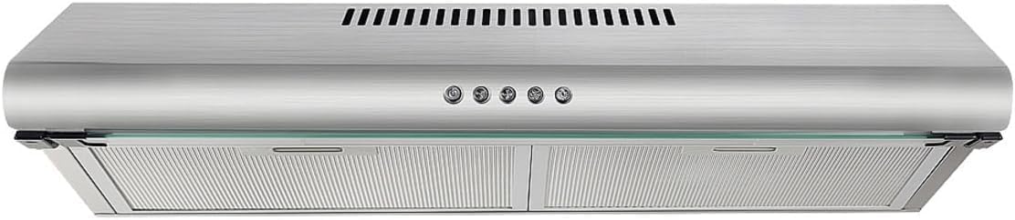 AC Milan 60cm Household Cooker Hood 75 Watts Stainless Steel Ductless Under Cabinet Range Hood Convertible Duct - Slim Kitchen Stove Vent with 3 Speed Exhaust Fan - Reusable Filter and LED Lights