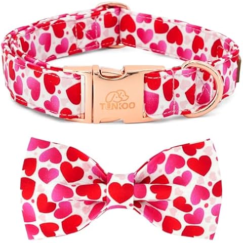 Tunkoo Valentine's Day Dog Collar with Bow Tie - Adjustable and Adorable Pet Collar - Red Hearts with Rose Gold Buckle for Large Medium Small Dog Walking, L Cover