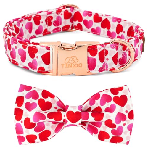 Image of Tunkoo Valentine's Day Dog Collar with Bow Tie - Adjustable and Adorable Pet Collar - Red Hearts with Rose Gold Buckle for Large Medium Small Dog Walking, S