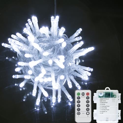 Catena di luci a LED su cavo trasparente, telecomando alimentato a batteria, per Natale, albero, giardino, matrimonio, festa (bianco, 200 LED)