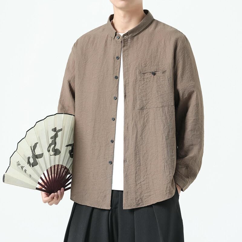 Chemise style chinois manches longues lin mélangé ample unisexe décontractée - 6