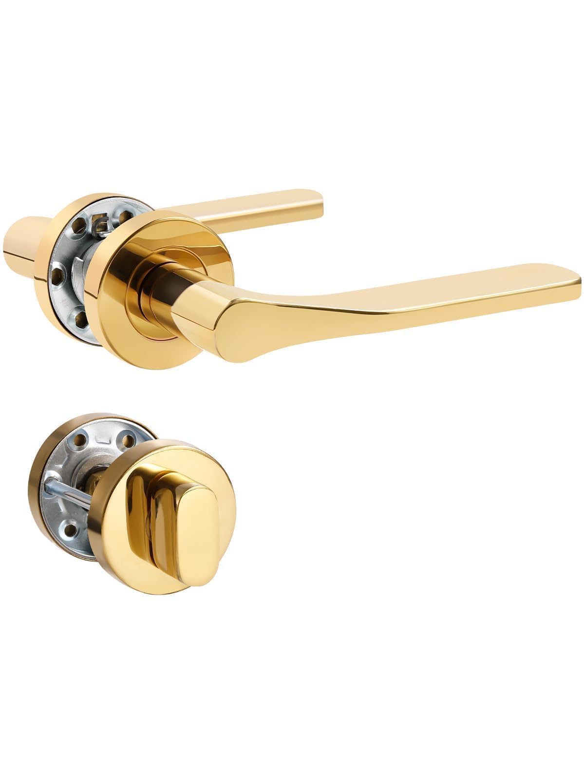 Klamka do drzwi Pvd Gold Drücker zestaw, stal nierdzewna, matowa klamka do drzwi zewnętrznych i wewnętrznych drzwi, w kształcie litery L, okrągła rozeta, WC