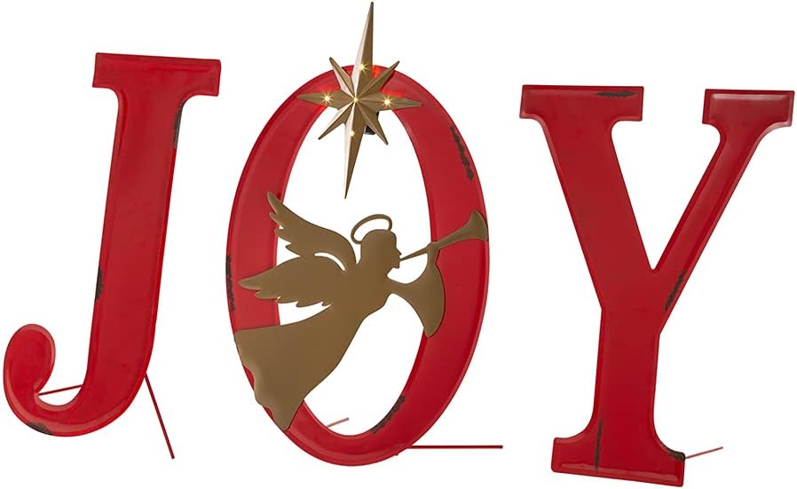 Glitzhome Lighted Joy Angel Garden Stakes, 36.02" H Metal Yard Stake Garden Ornaments Patio Decor Joy Standing Decor or Wall Décor Decorative Sign for Christmas Decorations