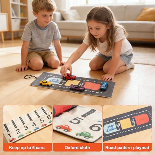 RZYLKA Portable Toy Car Storage Roll and Playmat - Travel Car Carrier Organizer Case for 6 Small Cars - Compatible with Hot Wheels & Matchbox, Toddler Quiet Play Activity Mat for Airplane by RZYLKA - Used condition - Image 5