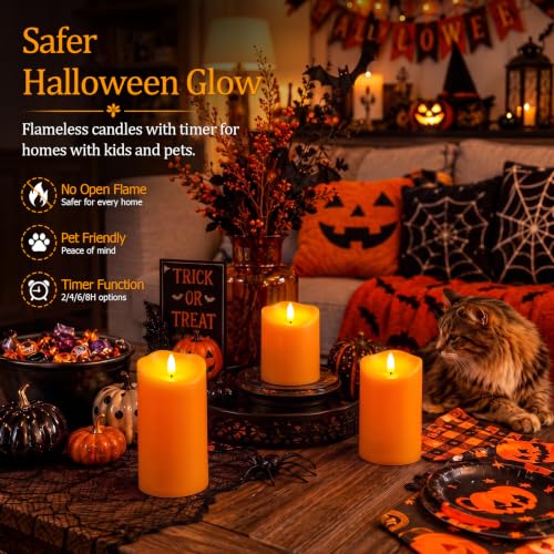 Image of Homemory Halloween Orange Waterproof LED Candles, Remote Timer, Set of 6 | Flameless candles, D3 x H4 /4 /5 /6 /8 /8 in, plastic shell, indoor outdoor fall decor, porch, patio, pathway and lanterns
