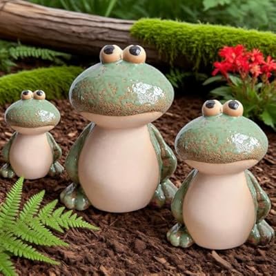 Frog Decor for Outdoor Garden Set of 3 - Cute Ceramic Frog Statues for Lawn, Pond, Patio, or Porch - Whimsical Ornaments, Funny Yard Decor, Ideal Chrismtas Gifts Decorations for Mom Grandma (Green)