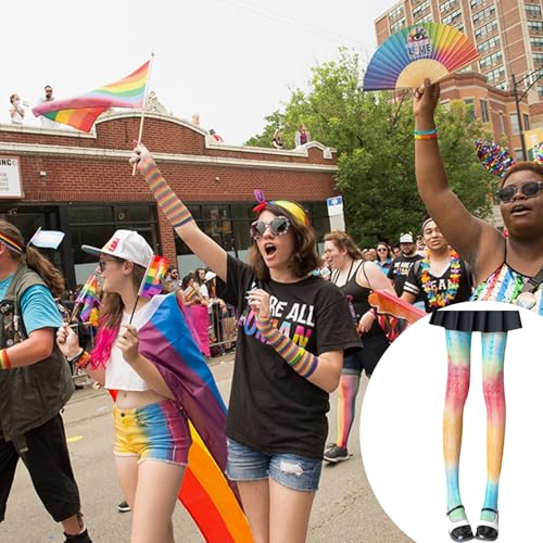 mdgfge Rainbow Women Sheer Tights Fishnet Sexy Colorful Hollow Out High Waist Pantyhose Gradient Stockings Small Sheer Mesh Design for Women Rainbow Pride Day Halloween Parade Party4