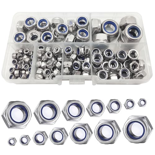 150 Stück M12/M10/M8/M6/M5/M4/M3 Hex Lock Muttern Edelstahl Nylon Insert Lock Mutter Sortiment Gewindeeinsätze Sechskantmutter Set Verschiedene Nylon Sicherungsmuttern (Silber)