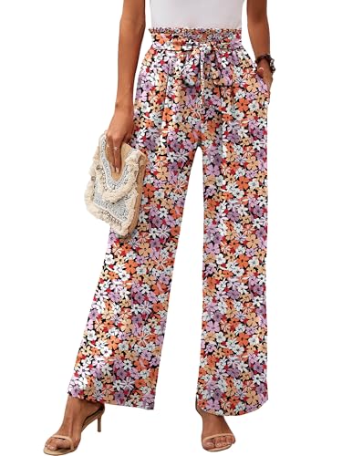 Heymoments Women's Wide Leg Lounge Pants with Pockets Floral Print XX-Large Lightweight High Waisted Adjustable Tie Knot Loose Comfy Casual Trousers
