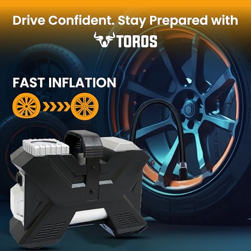 Image of TOROS Premium Heavy-Duty Tyre Inflator /Air Compressor,120 Watts, Copper Armature, Metal Cylinder, 35 Liters Per Minute, 12V Dc, 150 Psi 15 Months Warranty (PREMIUM)