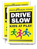 SIGNS OF JUSTICE Slow Down Yard Sign,12”x18”, (2 Pack) Double Sided, Kids at Play, Drive Slow, Child Safety, with Metal Stakes, Weatherproof, Yellow, Red & Black for Streets & Neighborhoods (2)