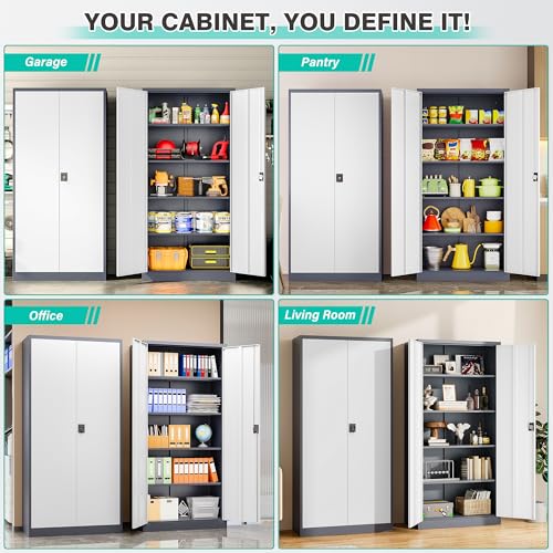 Image of Wide & Deep Metal Storage Cabinet with Shelves,72 inch Tall Garage Storage Cabinet with Lock,Gray White Metal Cabinets with Locking Doors,Large Steel Lockable Cabinets for Home,Office,Shop,Garage