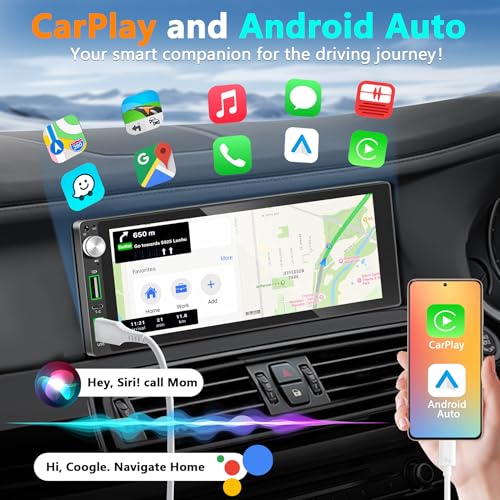 Image of Single Din Car Stereo with Apple Carplay Android Auto,6.9 Inch IPS Touchscreen, 1 Din Car Audio Receivers wtih Bluetooth Handsfree /FM /AM /Dual USB /Type-C /EQ /SWC /GPS Navigation /Backup Camera /Microphone