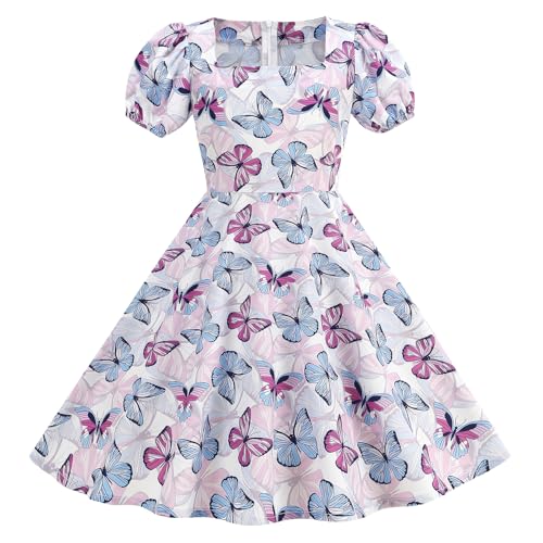 IWEMEK Kids 50s Dresses for Girls 1950s Retro Dress 50's Theme Tea Party Short Sleeve Audrey Hepburn Rockabilly Swing Dress