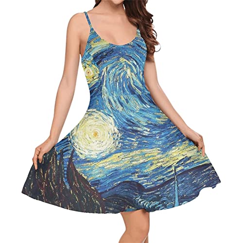 Dremagia Damen Spaghetti Strap Kleid Sommer Casual Swing Sommerkleid Mädchen Beachwear Swing Minikleid, Van Gogh Sternenhimmel, Mittel