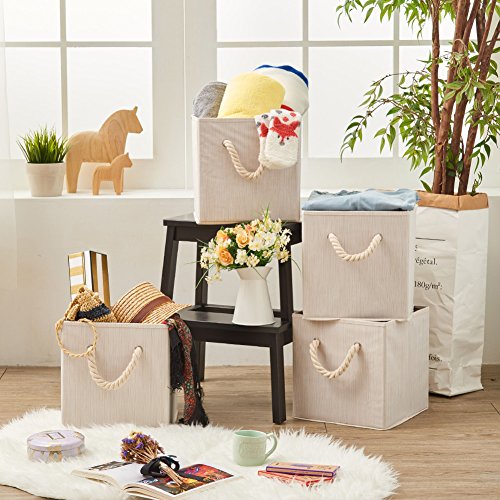 Ezoware Set Of 4 Bamboo Fabric Storage Bins With Cotton Rope Handle, 10.5 X 10.5 X 11 Inch Foldable Organizer Basket Cube For Nursery Toys– Beige #TOP7
