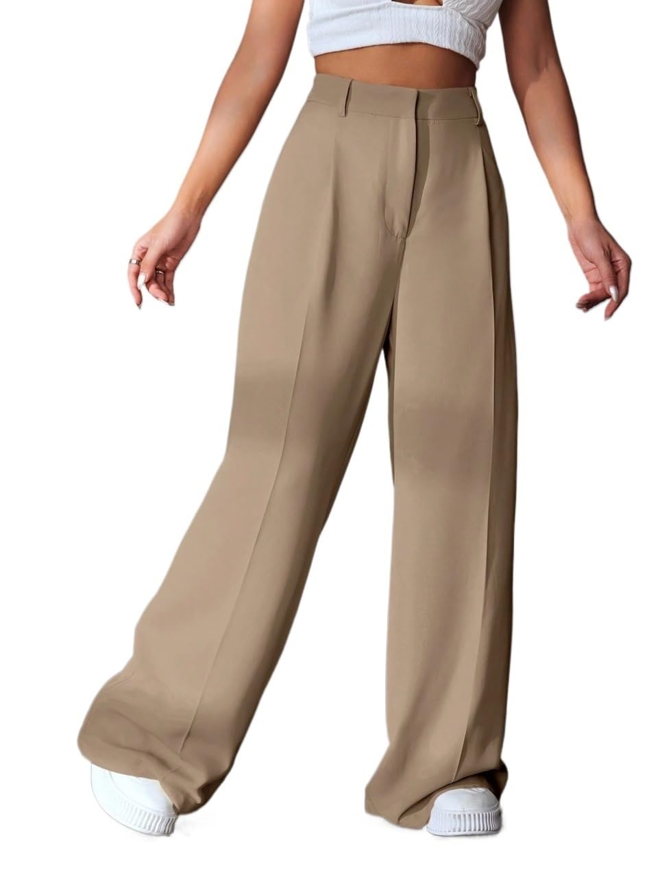 Womens Fall Solid Wide Leg Pants Trousers Beige