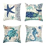HHOCN 4 Pieces Sea Pillow Cover Seahorse Whale Starfish Turtle Blue Ocean Square Throw Pillow Case S