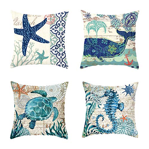 Hhocn 4 Pieces Sea Pillow Cover Seahorse Whale Starfish Turtle Blue Ocean Square Throw Pillow Case Sofa Bed Couch Throw Cushion Cover Decoration (18" X 18") #TOP10