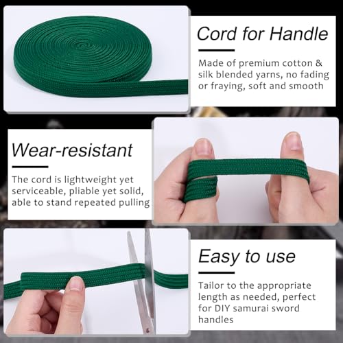 OLYCRAFT 7.7 Yards/7M Green Ito Sageo Wrapping Cord 13mm Wide Silk-cotton Blend Rope Sword Handle Cord Tsukamaki Sageo Wrapping Cord for Japanese Samurai Katana Swords Handle Rope - Image 3