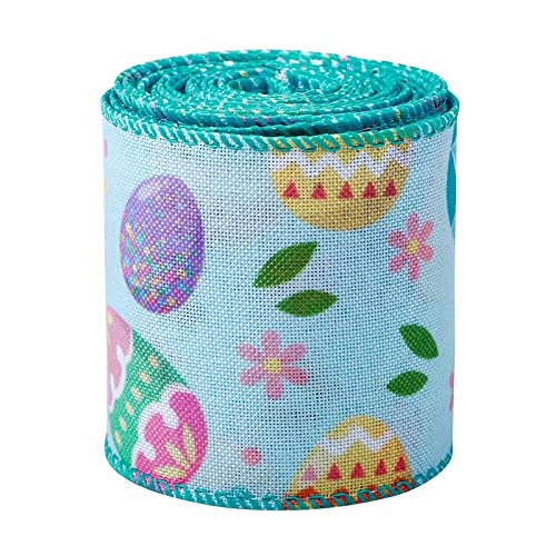 Wired Burlap Ribbon Easter Egg Bunny Ribbons Craft Ribbon for Easter Day DIY Present Wrapping, Home Decoration, 2-1/2 inch, 6 Yards
