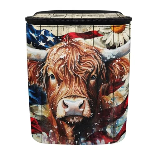 Image of Talayituse Highland Cattle Daisy Print Car Trash Can with Lid, American Flag Wood Leak Proof Auto Trash Bag Hanging Vehicle Garbage Can Multipurpose Storage Container for Back Seat Road Trip
