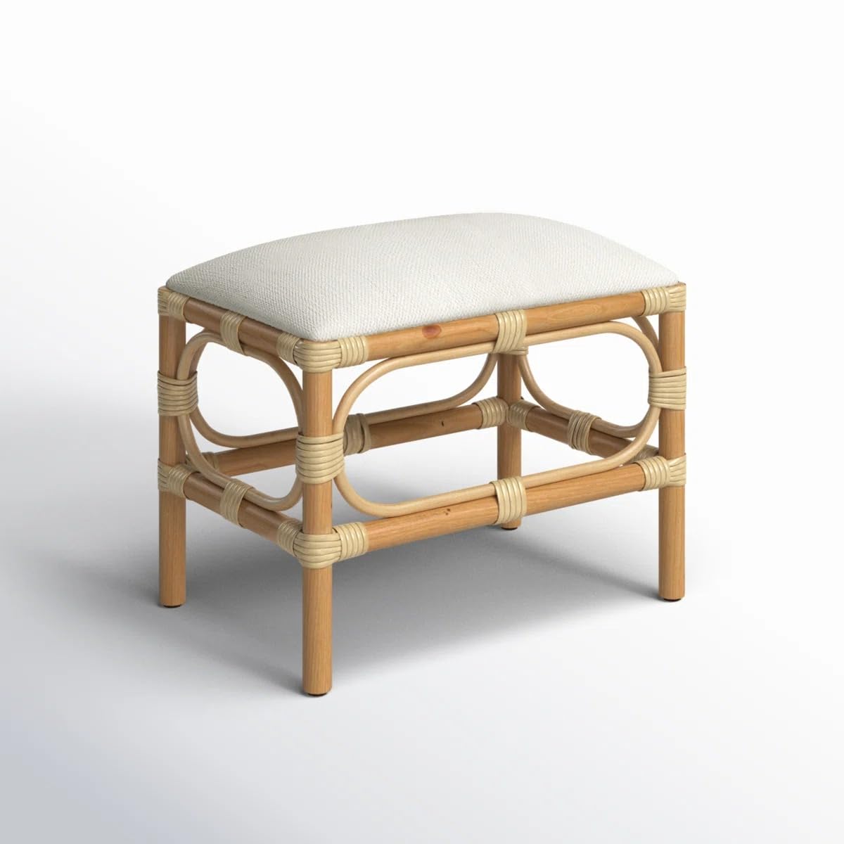 Ottoman Stool with Cushion, Cane Wood Frame, Bohemian Style Sitting Bench, 61x51x35 cm-image-1