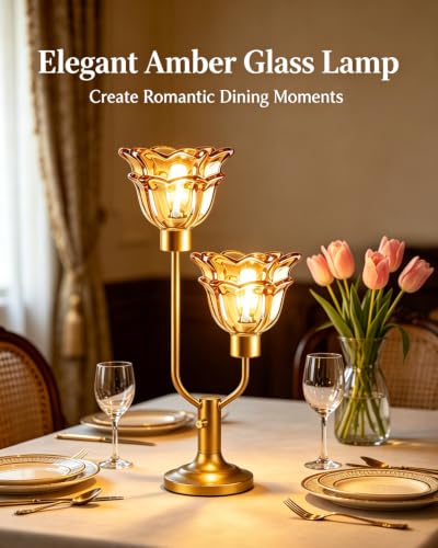 Image of Lightdot Mid Century Modern Flower Gold Table Lamp Vintage Gift Dimmable | Nightstand Lamp Amber Glass Desk Lamp 2 Bulbs Included Warmwhite Ambient Bedside Lamp for Living Room Bedroom Home Decor Gift