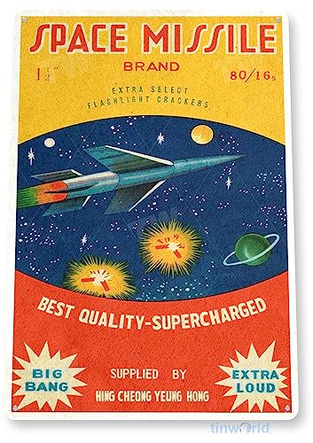 Tinworld Tin Sign: Space Missile Firecrackers Fireworks Stand Booth 4th July Independence Day New Years Metal Sign Decor C559