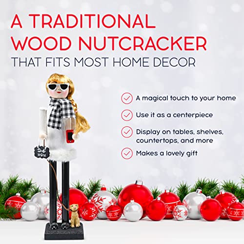 Ornativity Christmas Dog Mom Nutcracker – White and Black Wooden Nutcracker Woman with Dog on Leash and a Smartphone in Hand Xmas Themed Holiday Nut Cracker Doll Figure Decorations 15" by Ornativity - Image 7