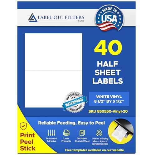 40 Label Outfitters® Weatherproof - Water Proof White Vinyl Printer Laser Labels, Half Sheet, 8-1/2