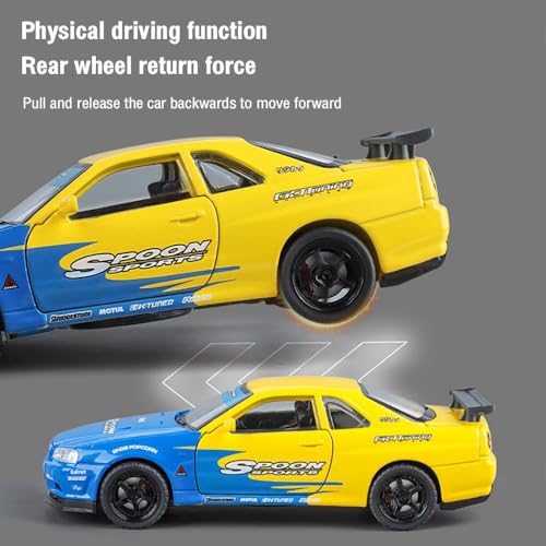 Image of 1:32 Scale Nissaan Skyline R-34 Model Alloy Metal Pull Back Toy car for Kids with Openable Doors & Light, Music Toy Vehicle for Kids (1:32 Nissaan Skyline R-34 (Yellow))