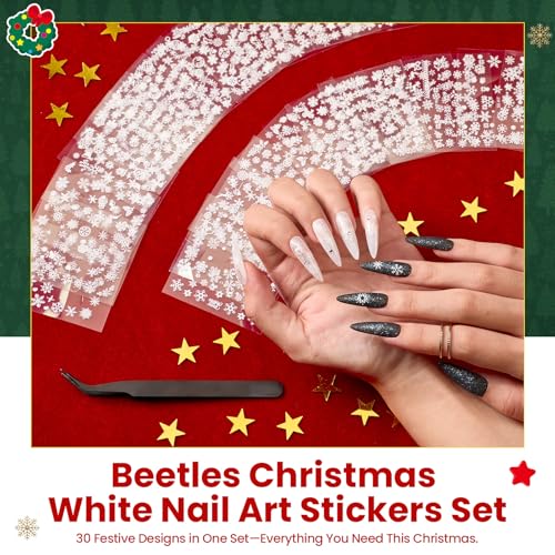 Image of Beetles Snowflake Nail Art Stickers 30 Sheets 3D Nail Stickers White Snowmen Santa Claus Elk Nails Supplies DIY Decals for DIY Decoration Nails Art