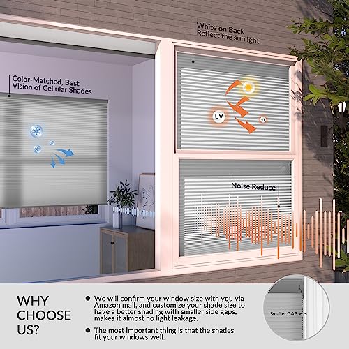 Berissa Light Filtering Cellular Shades, Cordless Honeycomb Blinds For Windows, Color-Matched Cellular Blinds, Custom Size For Bedroom Office Living Room, Light Filtering-Light Gray #TOP1