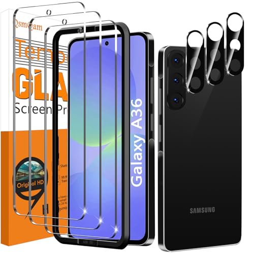 QsmQam 3 Piezas Protector de Pantalla para Samsung Galaxy A36 5G con 3 Piezas Protector de Lente de Cámara, Ultra HD Cristal Templado, Dureza 9H, Anti Arañazos, Sin Burbujas
