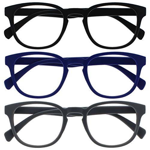 Opulize Pop 3 Pack Retro Round Smooth Matt Black Blue Grey Mens Womens Reading Glasses Spring Hinges RRR2-137 +2.00