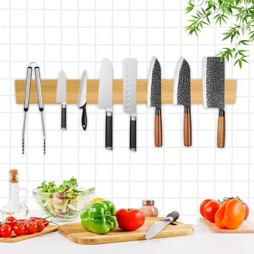 Magnetic Knife Holder for Wall 16 inch, 40cm Bamboo Wood Space-Saving Knife Magnetic Strip Wooden Kitchen Magnetic Knife Bar Rack for Kitchen Knives Tools