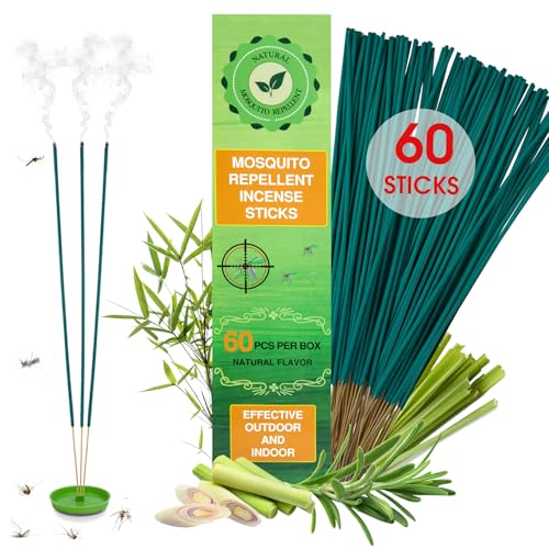 60 Pcs Mosquito Repellent Outdoor Patio, Mosquito Incense Sticks Natural Citronella Oil Plant-Based Bug Repellent for Camping Fishing Backyard Travel