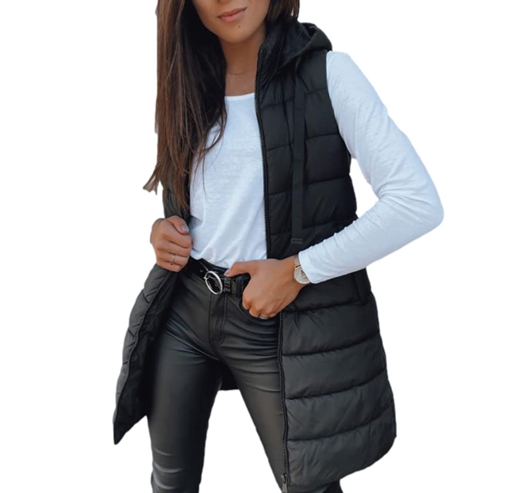 Imily Bela Chaleco acolchado largo y ligero con capucha para mujer, sin mangas, chaqueta de invierno, chaleco de entretiempo cálido