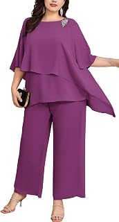 Plus Size Mother of Bride Pant Suits 2 Piece Chiffon Sets Ruffle Layers Wedding Guest Outfit